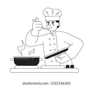 Male chef monochromatic flat vector character. Editable thin line half body man in chef hat with spoon try dish on white. Simple bw cartoon spot image for web graphic design.