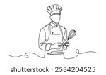 Male chef in one continuous line drawing. Cook in uniform working in kitchen in simple linear style. Symbol of food and restaurant in editable stroke. Doodle outline vector illustration