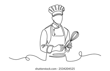 Male chef in one continuous line drawing. Cook in uniform working in kitchen in simple linear style. Symbol of food and restaurant in editable stroke. Doodle outline vector illustration