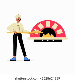 Chef masculino com forno de pizza em vetor plano ilustração simbolizando a fabricação de pizza, habilidades culinárias, e cozinha italiana, isolado no fundo branco.