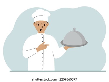 A male chef with a plate covered with a cloche or a tray with a lid. Vector flat illustration