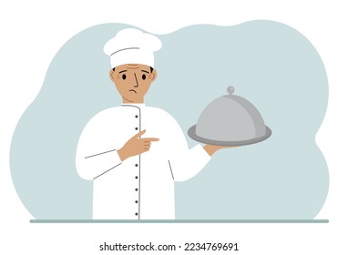 A male chef with a plate covered with a cloche or a tray with a lid. Vector flat illustration