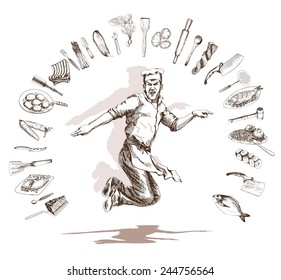 male chef posing for the camera in a jump background of food and equipment