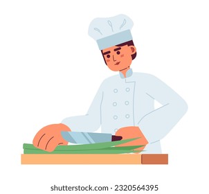 Chef masculino prepara comida con un carácter vector de color semi-plano. Persona de cocina caucásica de medio cuerpo editable en blanco. Ilustración simple de dibujos animados para el diseño gráfico web