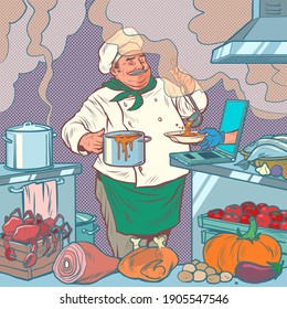 male chef prepares food, online delivery. remote work at home in quarantine. Pop art retro illustration comic cartoon 50s 60s style kitsch vintage