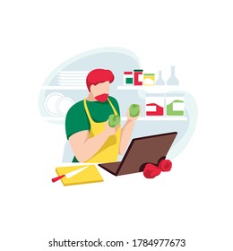 Male chef records online recipes on channel. Food blogger make internet courses for followers. Cooking coach man preparing food on kitchen, isolated on white background. Flat vector illustration