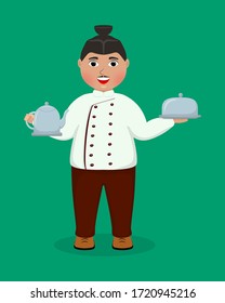 Male chef in service uniform with a dish and a kettle in his hands. Cook Asian restaurant, cafe, bar and other places of General catering. Flat design. Vector illustration.