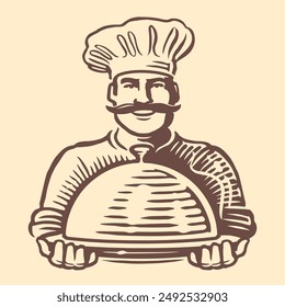 Chef masculino que sirve deliciosa cocina en el restaurante, sosteniendo bandeja cloche. Ilustración vectorial vintage dibujada a mano