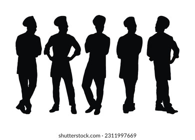 Male chef silhouette on a white background. Restaurant workers wearing uniforms and standing silhouette bundles. Men cookery with anonymous faces. Male chef and restaurant cook silhouette collection.