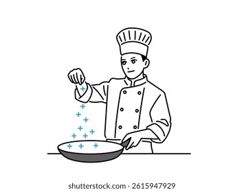 Male chef sprinkling salt into a frying pan with his finger