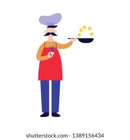 Male chef stands and holds pan while frying mushrooms flat cartoon style, vector illustration isolated on white background. Full-length cook man with mustache in hat and apron