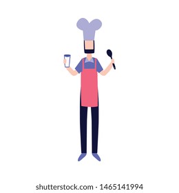 Male chef stands and holds spoon and glass in raised hands flat cartoon style, vector illustration isolated on white background. Full-length cook man in hat and apron with kitchen tools