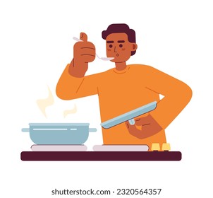 Male chef taste food semi flat colorful vector character. Editable half body caucasian cooking person on white. Simple cartoon spot illustration for web graphic design