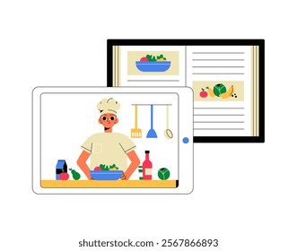 Male Chef Teaching Cooking Through A Tablet Screen In Flat Vector Illustration Symbolizing Culinary Education, Online Learning, And Creativity, Isolated On White Background