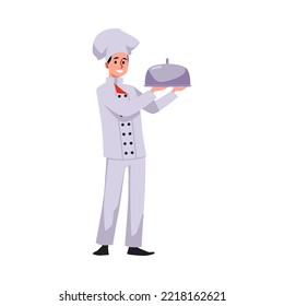 Male chef in uniform and hat presenting meal, flat vector illustration isolated on white background. Man holds plate with restaurant cloche food cover. Catering concept.