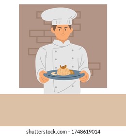 Male chef in uniform holding plate with prepared dish flat style vector illustration