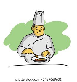 male chef wearing a white uniform and wearing a hat cooking food illustration vector isolated on white background