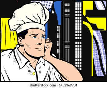 Male in Chef's Hat thinking about culinary arts. Improve cooking skill. Creating Your First Chef Cookbook, Developing a Dish. Beginners Guide To Cooking concept. Retro Comic Book style cartoon, PopArt