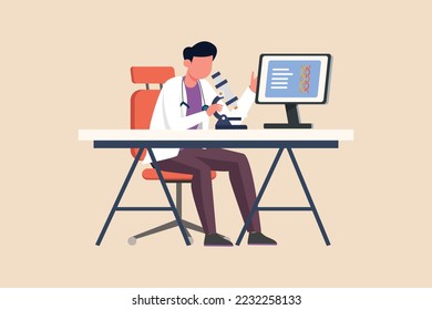 Male Chemist checks sample with a microscope and computer. Concept of scientist activity in laboratory. Flat vector illustrations isolated on white background.