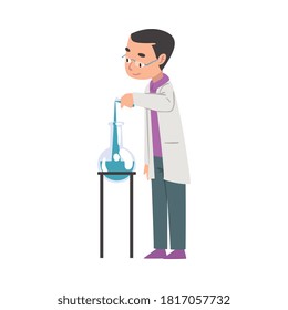 Experimento, científico o personaje estudiantil de química masculina trabajando en medicina o investigación de laboratorio de dibujos al estilo de dibujos animados ilustraciones de vectores