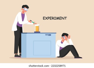 Male Chemist in Safety Glasses doing experiment with Mixes Liquids in a Beakers. Concept of scientist activity in laboratory. Flat vector illustrations isolated on white background.