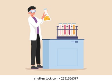 Male Chemist in Safety Glasses Mixes Liquids in a Beakers. Concept of scientist activity in laboratory. Flat vector illustrations isolated on white background.