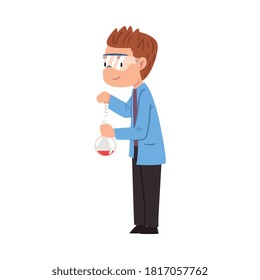 Male Chemist Scientist, Student Character in Lab Coat and Glasses Doing Researching Experiment in Laboratory Cartoon Style Vector Illustration