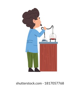 Científico químico masculino que trabaja con equipo de laboratorio, experimento de investigación de personajes estudiantiles en ilustraciones de vectores de dibujos animados de laboratorio