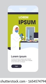 male chemist using microscope coronavirus biological sample for analysis in laboratory epidemic MERS-CoV wuhan 2019-nCoV pandemic medical health risk copy space portrait mobile app vector illustration