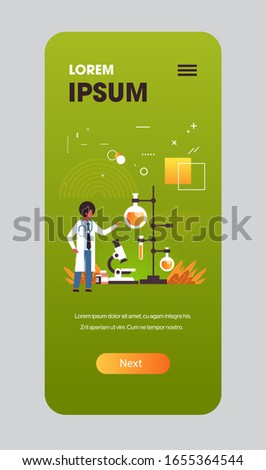 male chemist using microscope coronavirus biological sample for analysis in laboratory epidemic MERS-CoV wuhan 2019-nCoV pandemic medical health risk copy space full length mobile app vector