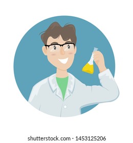Male chemist in a white coat and glasses with a flask with a chemical substance in the hand. Scientist conducting an experiment.