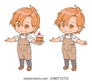 A male chibi bakery chef wearing uniform and apron, holding a plate of cake. Cute and kawaii cartoon character illustration.