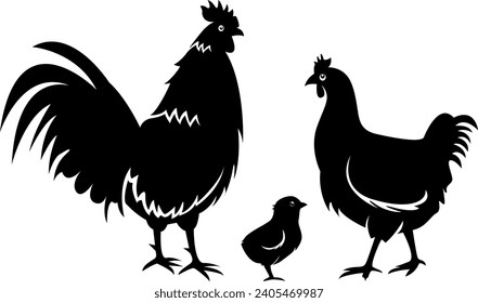  male chicken, female chicken, chicks, Hen silhouette isolated on white background.chicken silhouette set.chicken family