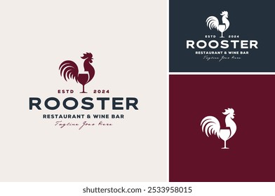 Male Chicken or Rooster with glass of wine for Pub Bar Beverages Restaurant Vintage Classic logo design