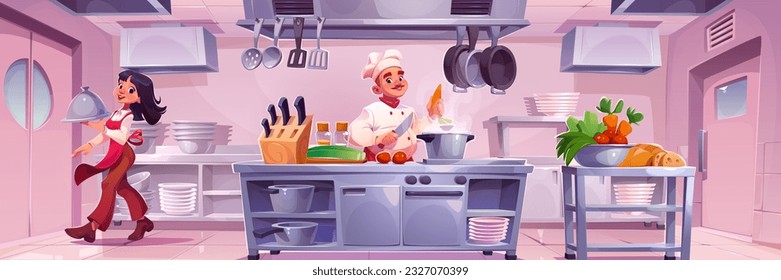 Male chief cooking in restaurant kitchen, waitress carrying cloche tray. Vector cartoon illustration of hotel cook preparing dish, female servant bringing meal to client. Hospitality business staff