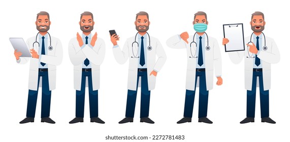 Male chief physician is a full-length set of characters. The doctor is standing with a tablet in his hand, with a smartphone, with a sheet of paper, in a protective mask, a gesture is not allowed