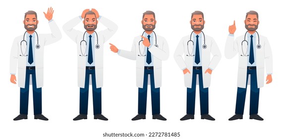 Male chief physician is a full-length set of characters. The doctor is standing with his hands in his pockets, waving his hand, holding his head in panic, pointing at something