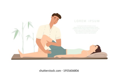 Männlicher Chiropraktor macht Rehabilitation Massage der Beine zu weiblichen Patienten Vektor flach Abbildung. Arzt oder Osteopath, der eine alternative medizinische Behandlung praktiziert Physiotherapie mit dem Kunden isoliert