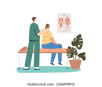 Male chiropractor making rehabilitation massage of neck to female patient. Doctor or osteopath practicing alternative medical treatment physiotherapy work with client. Cartoon flat vector illustration