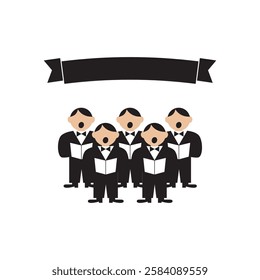 Male choir. Five men stand on stage and sing. Quintet. Vector illustration.