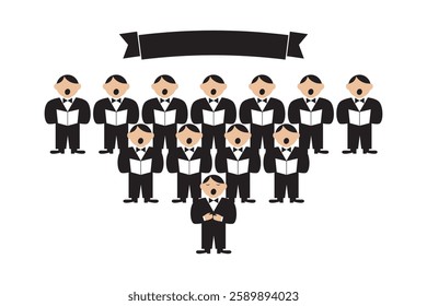 A male choir and a soloist sing a song. Character vector illustration.