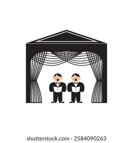 Male choir. Two men stand on stage and sing. Duet. Duo. Vector illustration.