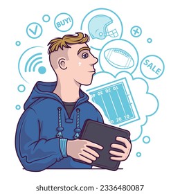 Male chooses equipment for rugby football via tablet. Products for sport and healthy lifestyle. Buyer ordering goods. Ordering and choosing products via smartphone. Flat illustration in blue colors