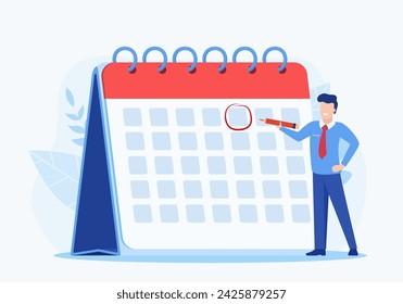 Fecha de círculo masculina en el Calendario Planificación Importante Materia. Gestión del tiempo y concepto de fecha límite, Organización del trabajo y Notificación de Eventos Personales, Recordatorio de Memo. Ilustración vectorial en estilo plano