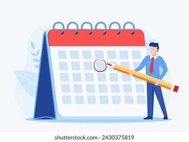 male Circle Date on Calendar Planning Important Matter. Time Management and deadline concept, Work Organization and Life Events Notification, Memo Reminder. Vector illustration in flat style