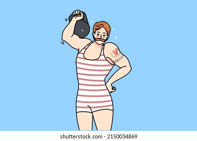 Male circus powerlifter with tattoo wear tricot lift dumbbell show power. Strongman or weightlifter perform stunt with barbell. Powerlifting performance, sport concept. Vector illustration.