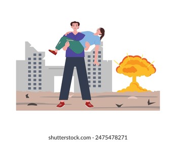 A male citizen carries an unconscious female victim of an explosion in the city. Character design. Vector flat illustration