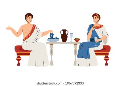 Male citizens in traditional clothes ancient rome eat fruit, drink wine and talking. History culture and traditions roman empire. Flat vector illustration isolated on white.