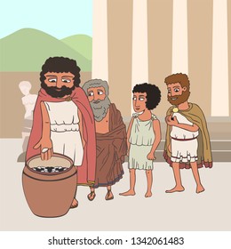 male citizens voting in ancient greece by placing pebbles in urn, funny cartoon vector illustration of democracy origins