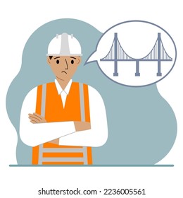 A male civil engineer makes plans in his mind for designing a bridge in an air bubble. The concept of civil engineering and construction. Vector flat illustration